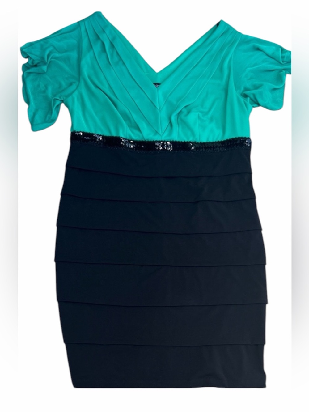 Enfocus Studio Green Black Sequin Waist V Neck Midi Fancy Dress